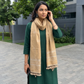 Brown Kutch Handwoven Merino Wool Stole, worn by a woman, AI visual of the stole, iTokri