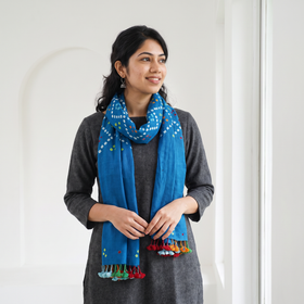 Blue Kutch Handwoven Merino Wool Tie-Dye Bandhani Stole, worn by a woman, AI visual of the stole, iTokri