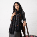 Black Kutch Handwoven Merino Wool Tie-Dye Bandhani Stole, worn by a woman, AI visual of the stole, iTokri