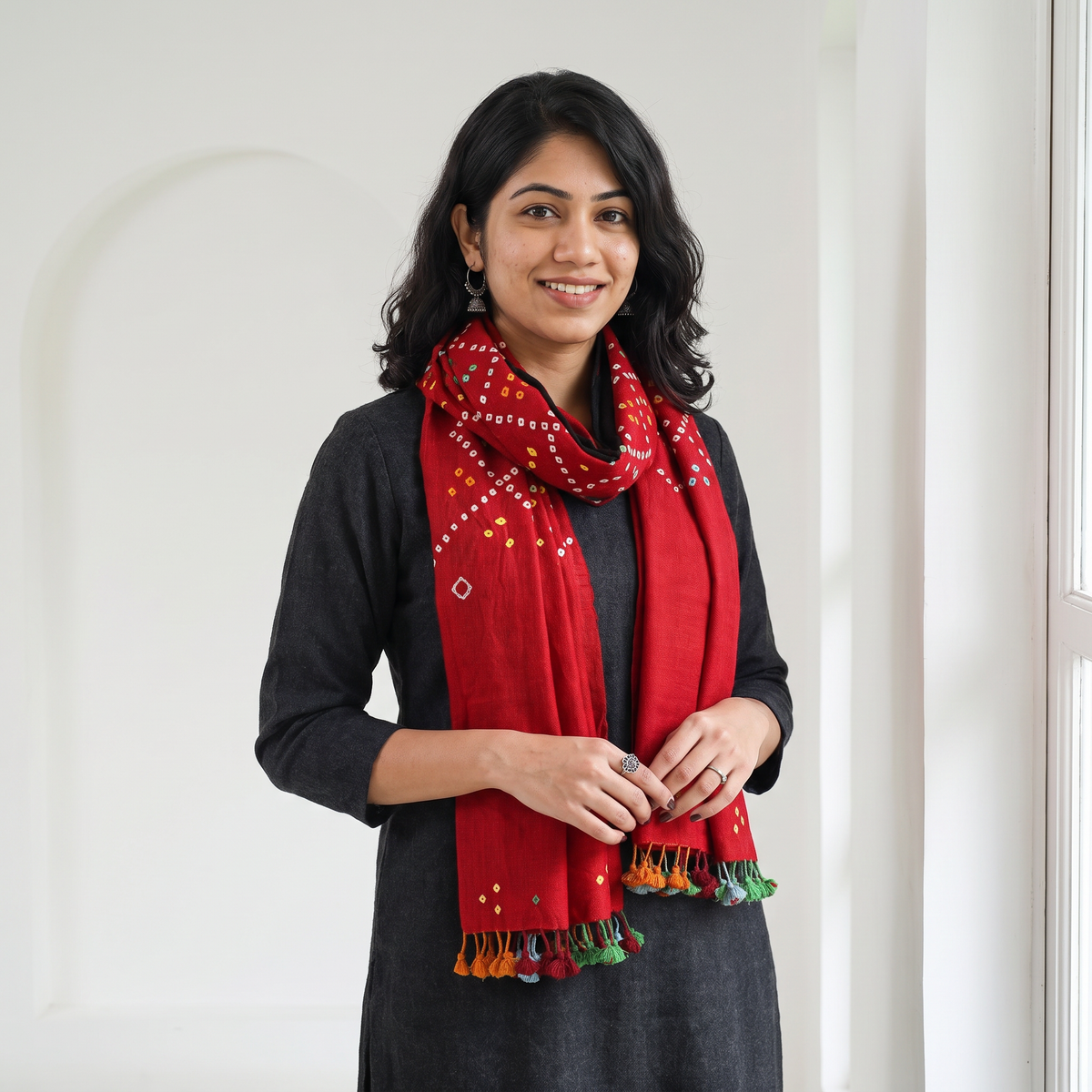 Red Kutch Handwoven Merino Wool Tie-Dye Bandhani Stole, worn by a woman, AI visual of the stole, iTokri
