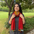 Red Kutch Handwoven Merino Wool Tie-Dye Bandhani Stole, worn by a woman, AI visual of the stole, iTokri