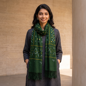 Green Kutch Handwoven Merino Wool Tie-Dye Bandhani Stole, worn by a woman, AI visual of the stole, iTokri