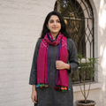 Pink Kutch Handwoven Merino Wool Tie-Dye Bandhani Stole, worn by a woman, AI visual of the stole, iTokri