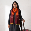 Maroon Kutch Handwoven Merino Wool Tie-Dye Bandhani Stole, worn by a woman, AI visual of the stole, iTokri