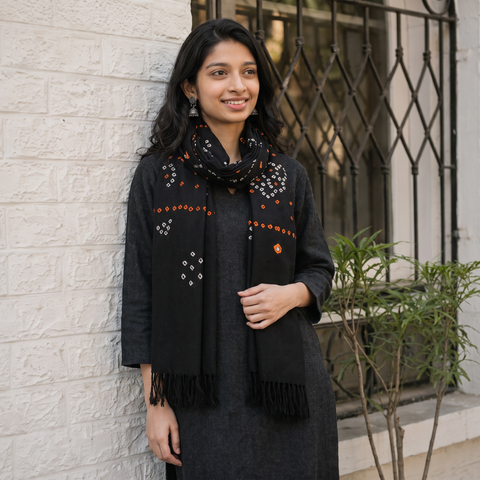 Black Kutch Handwoven Merino Wool Tie-Dye Bandhani Stole, worn by a woman, AI visual of the stole, iTokri