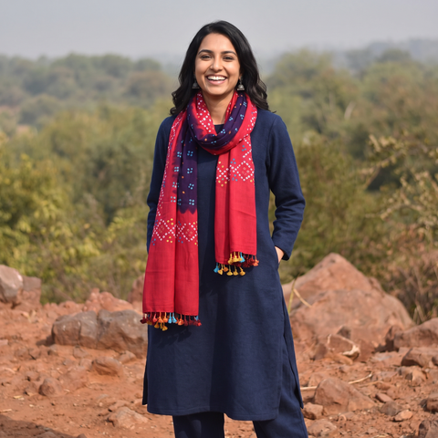 Red Kutch Handwoven Merino Wool Tie-Dye Bandhani Stole, worn by a woman, AI visual of the stole, iTokri