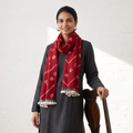 Red Kutch Handwoven Merino Wool Tie-Dye Bandhani Stole, worn by a woman, AI visual of the stole, iTokri