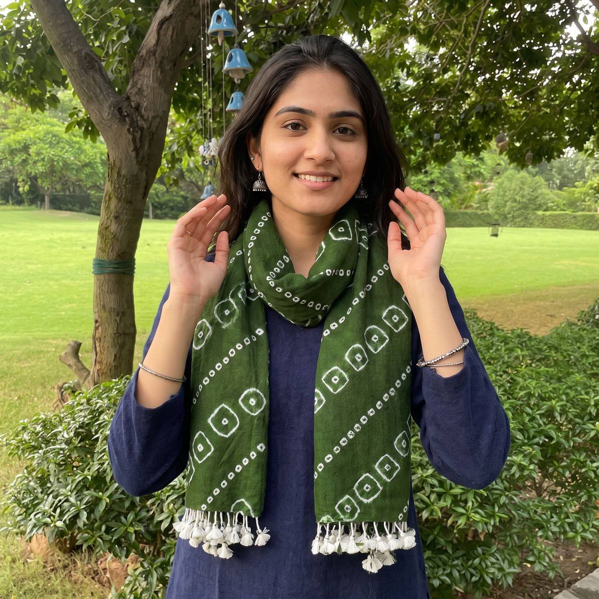 Green Kutch Handwoven Merino Wool Tie-Dye Bandhani Stole, worn by a woman, AI visual of the stole, iTokri