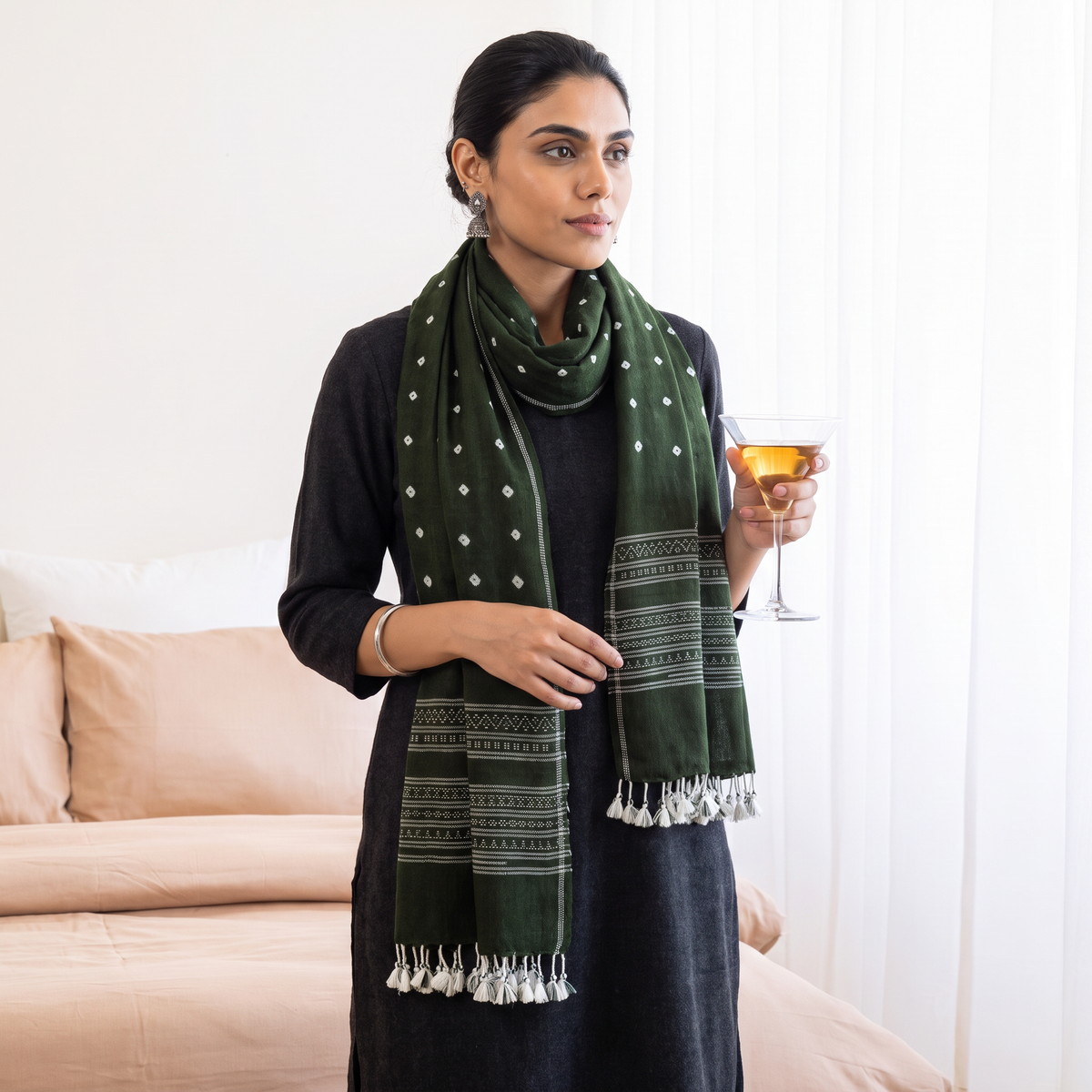 Green Kutch Handwoven Merino Wool Tie-Dye Bandhani Stole, worn by a woman, AI visual of the stole, iTokri