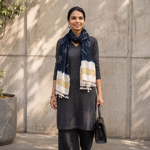 Black Kutch Handwoven Merino Wool Tie-Dye Bandhani Stole, worn by a woman, AI visual of the stole, iTokri