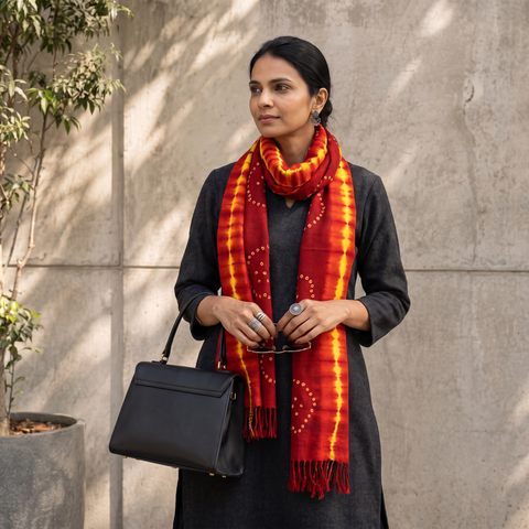 Red Kutch Handwoven Merino Woolen Shibori & Bandhani Stole, worn by a woman, AI visual of the stole, iTokri
