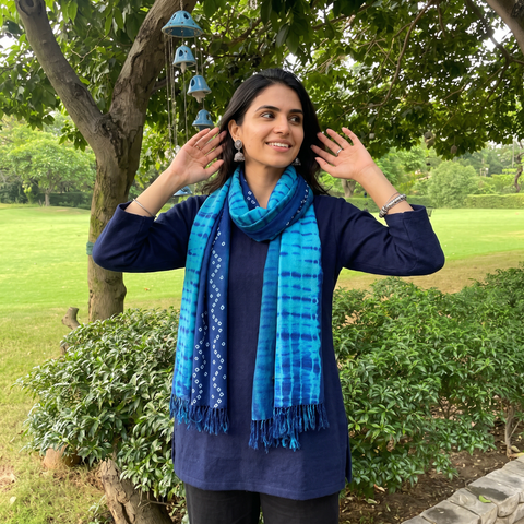 Blue Kutch Handwoven Merino Woolen Shibori & Bandhani Stole, worn by a woman, AI visual of the stole, iTokri