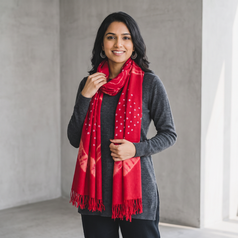 Pink Kutch Handwoven Merino Woolen Shibori & Bandhani Stole, worn by a woman, AI visual of the stole, iTokri