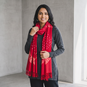 Pink Kutch Handwoven Merino Woolen Shibori & Bandhani Stole, worn by a woman, AI visual of the stole, iTokri