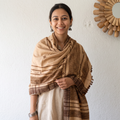 Brown Kutch Handwoven Mirror Work Acrylic Wool Shawl, worn by a model, AI visual of the shawl, iTokri