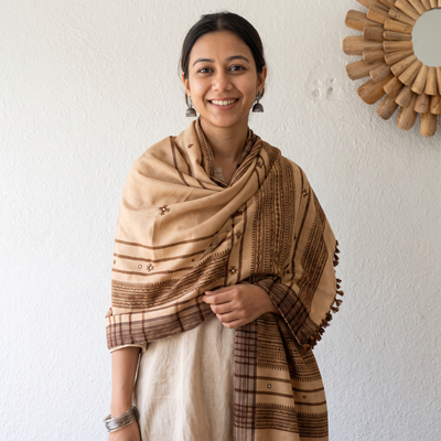 Brown Kutch Handwoven Mirror Work Acrylic Wool Shawl, worn by a model, AI visual of the shawl, iTokri