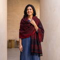 Maroon Kutch Handwoven Mirror Work Acrylic Wool Shawl, worn by a model, AI visual of the shawl, iTokri