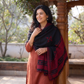 Black Kutch Handwoven Mirror Work Acrylic Wool Shawl, worn by a model, AI visual of the shawl, iTokri