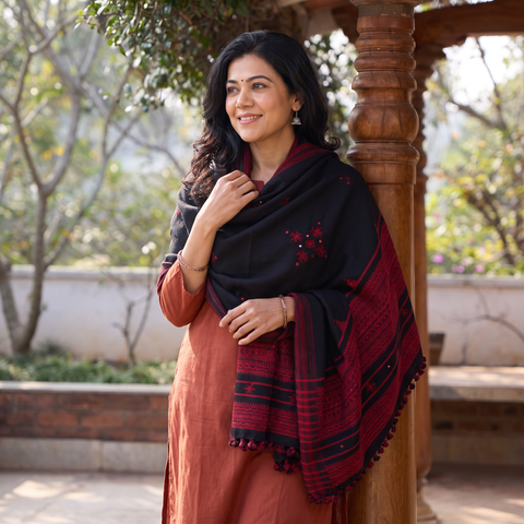 Black Kutch Handwoven Mirror Work Acrylic Wool Shawl, worn by a model, AI visual of the shawl, iTokri