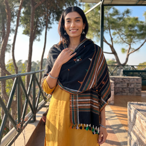 Black Kutch Handwoven Mirror Work Acrylic Wool Shawl, worn by a model, AI visual of the shawl, iTokri