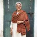 Brown Kutch Handwoven Mirror Work Acrylic Wool Shawl, worn by a model, AI visual of the shawl, iTokri