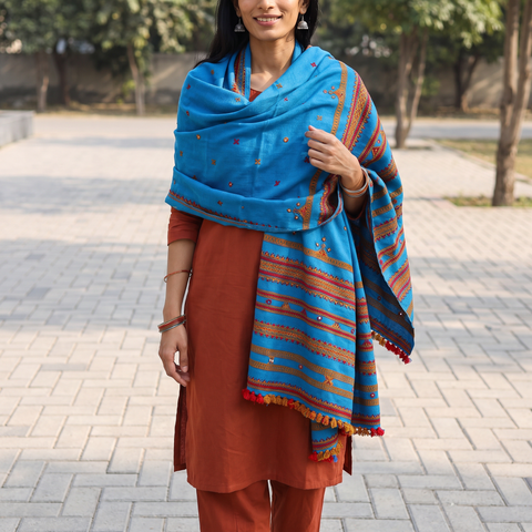 Blue Kutch Handwoven Mirror Work Acrylic Wool Shawl, worn by a model, AI visual of the shawl, iTokri