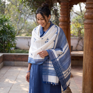 White Kutch Handwoven Mirror Work Acrylic Wool Shawl, worn by a model, AI visual of the shawl, iTokri