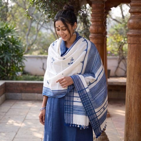 White Kutch Handwoven Mirror Work Acrylic Wool Shawl, worn by a model, AI visual of the shawl, iTokri