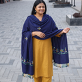 Blue Kutch Handwoven Mirror Work Acrylic Wool Shawl, worn by a model, AI visual of the shawl, iTokri