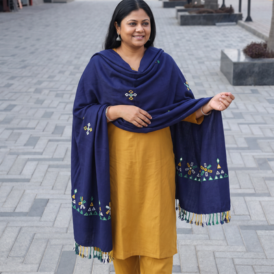 Blue Kutch Handwoven Mirror Work Acrylic Wool Shawl, worn by a model, AI visual of the shawl, iTokri
