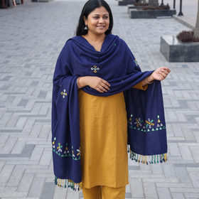 Blue Kutch Handwoven Mirror Work Acrylic Wool Shawl, worn by a model, AI visual of the shawl, iTokri