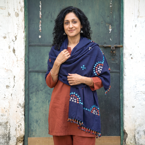 Blue Kutch Handwoven Mirror Work Acrylic Wool Shawl, worn by a model, AI visual of the shawl, iTokri