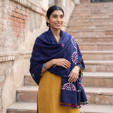 Blue Kutch Handwoven Mirror Work Acrylic Wool Shawl, worn by a model, AI visual of the shawl, iTokri