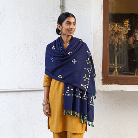 Blue Kutch Handwoven Mirror Work Acrylic Wool Shawl, worn by a model, AI visual of the shawl, iTokri