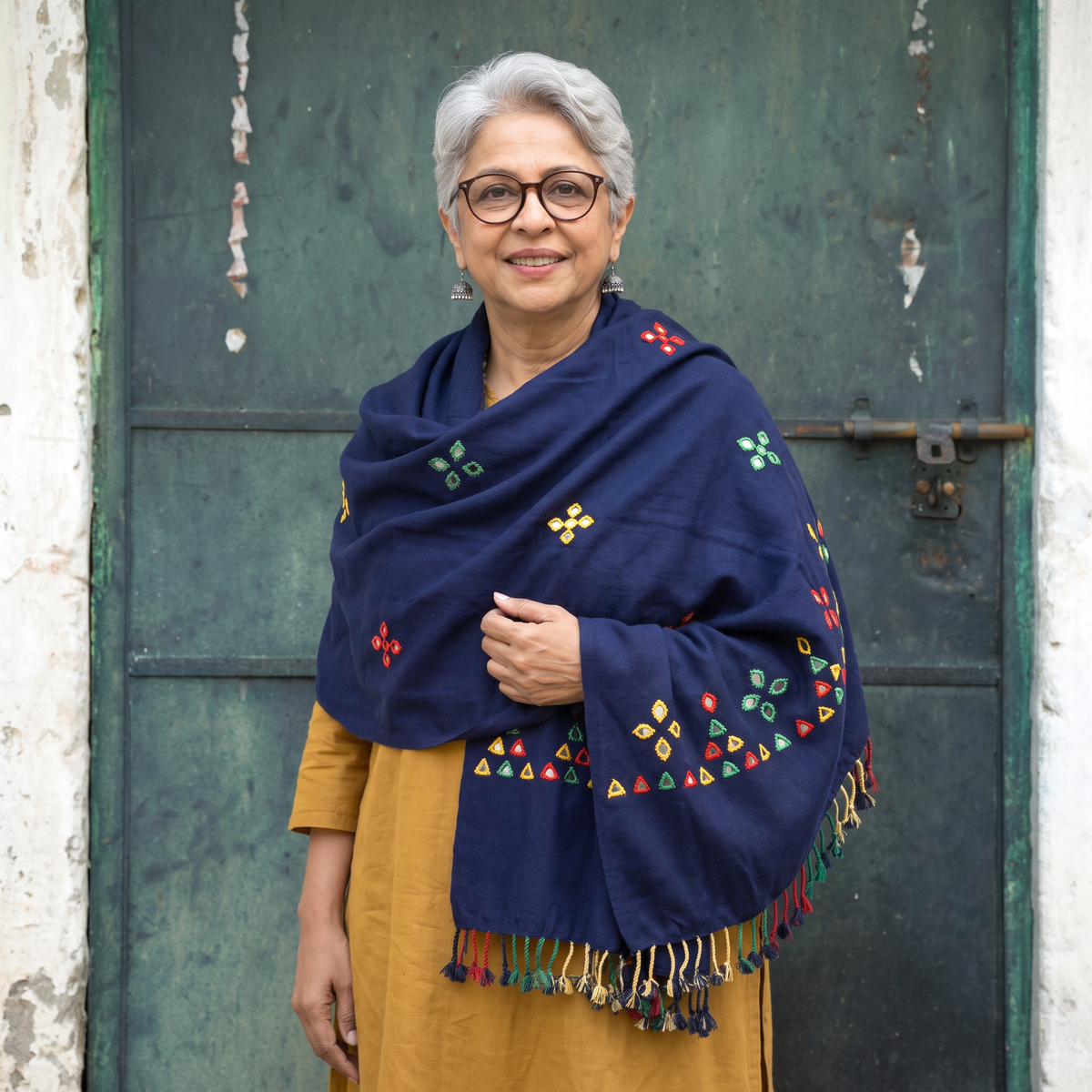 Blue Kutch Handwoven Mirror Work Acrylic Wool Shawl, worn by a model, AI visual of the shawl, iTokri