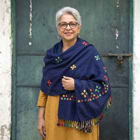Blue Kutch Handwoven Mirror Work Acrylic Wool Shawl, worn by a model, AI visual of the shawl, iTokri
