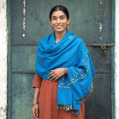 Blue Kutch Handwoven Mirror Work Acrylic Wool Shawl, worn by a model, AI visual of the shawl, iTokri