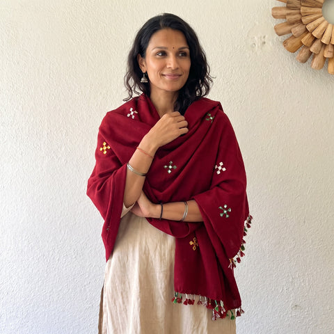 Red Kutch Handwoven Mirror Work Acrylic Wool Shawl, worn by a model, AI visual of the shawl, iTokri