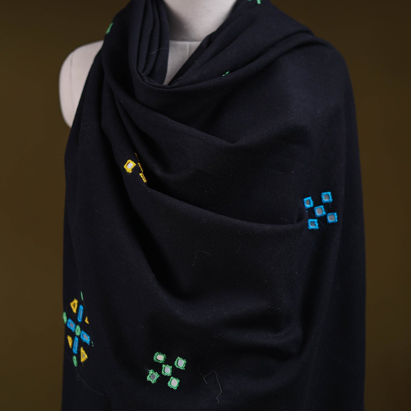 Kutch handwoven mirror work acrylic wool shawl 146