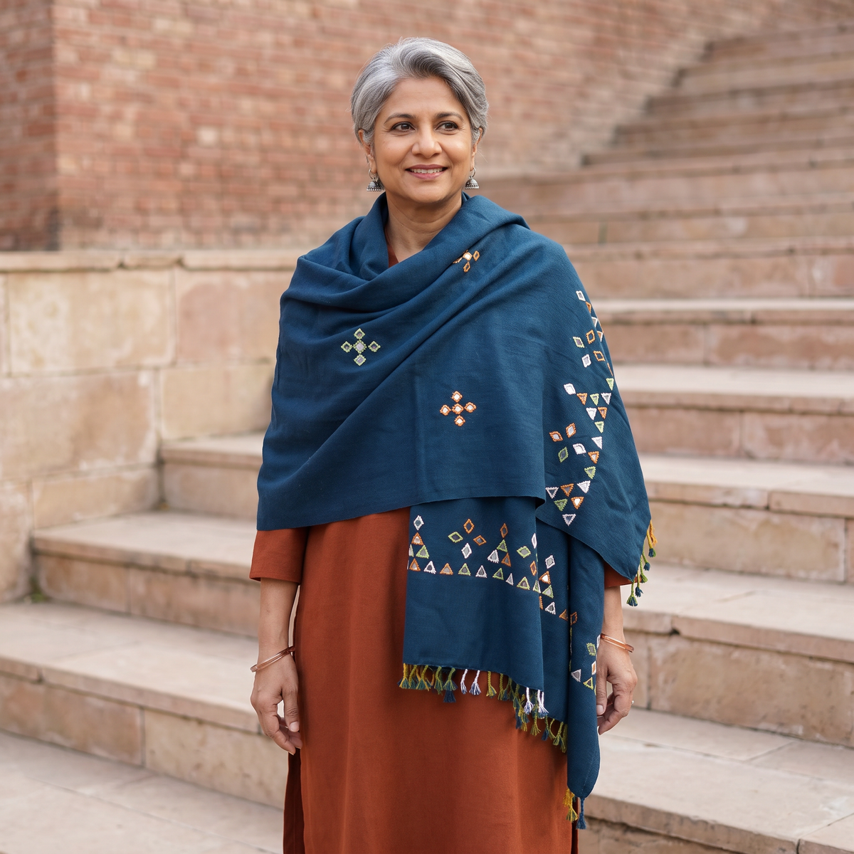 Blue Kutch Handwoven Mirror Work Acrylic Wool Shawl, worn by a model, AI visual of the shawl, iTokri