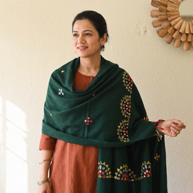 Green Kutch Handwoven Mirror Work Acrylic Wool Shawl, worn by a model, AI visual of the shawl, iTokri