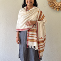 White Kutch Handwoven Mirror Work Acrylic Wool Shawl, worn by a model, AI visual of the shawl, iTokri
