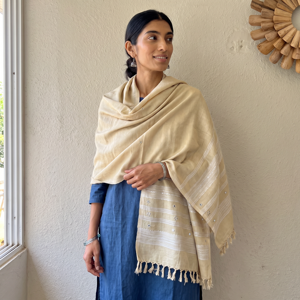 Yellow Kutch Handwoven Mirror Work Acrylic Wool Shawl, worn by a model, AI visual of the shawl, iTokri