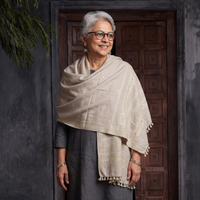 Grey Kutch Handwoven Mirror Work Acrylic Wool Shawl, worn by a model, AI visual of the shawl, iTokri