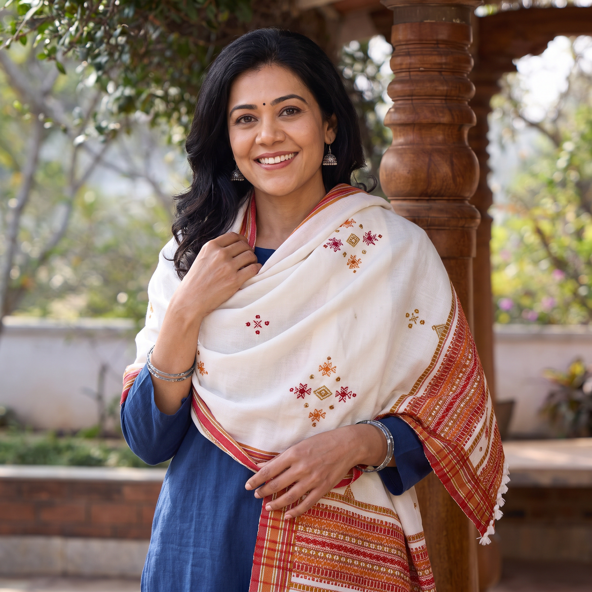 White Kutch Handwoven Mirror Work Acrylic Wool Shawl, worn by a model, AI visual of the shawl, iTokri