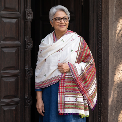 White Kutch Handwoven Mirror Work Acrylic Wool Shawl, worn by a model, AI visual of the shawl, iTokri