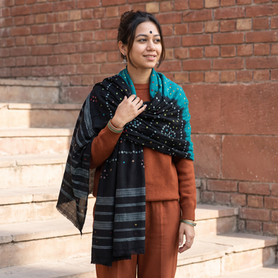 Black Kutch Handwoven Mirror Work Bandhani Tie-Dye Bagida Merino Wool Shawl, worn by a model, AI visual of the shawl, iTokri