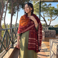 Maroon Kutch Handwoven Mirror Work Bandhani Tie-Dye Bagida Merino Wool Shawl, worn by a model, AI visual of the shawl, iTokri