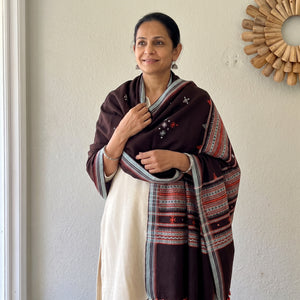 Brown Kutch Handwoven Mirror Work Chomuk Buta Acrylic Wool Shawl, worn by a model, AI visual of the shawl, iTokri