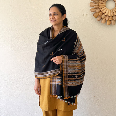 Black Kutch Handwoven Mirror Work Chomuk Buta Acrylic Wool Shawl, worn by a model, AI visual of the shawl, iTokri